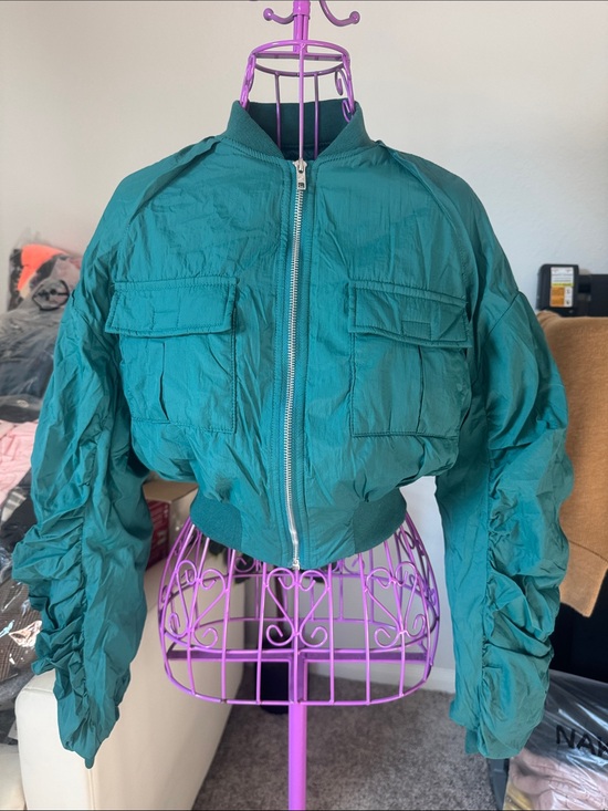 SHEIN Jackets & Blazers - Shein Women's Teal Crop Bomber Jacket with Cargo Pockets